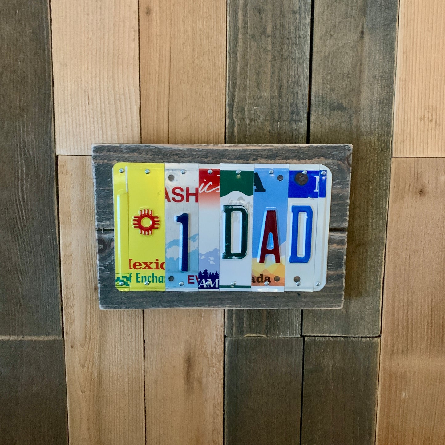 License Plate Sign, Cut US license plates into individual letters to make #1 Dad Sign, New Mexico Zia used as pound sign #, Gift for Dad, Father's Day Gift Ideas An artful eye paired with quality craftsmanship!