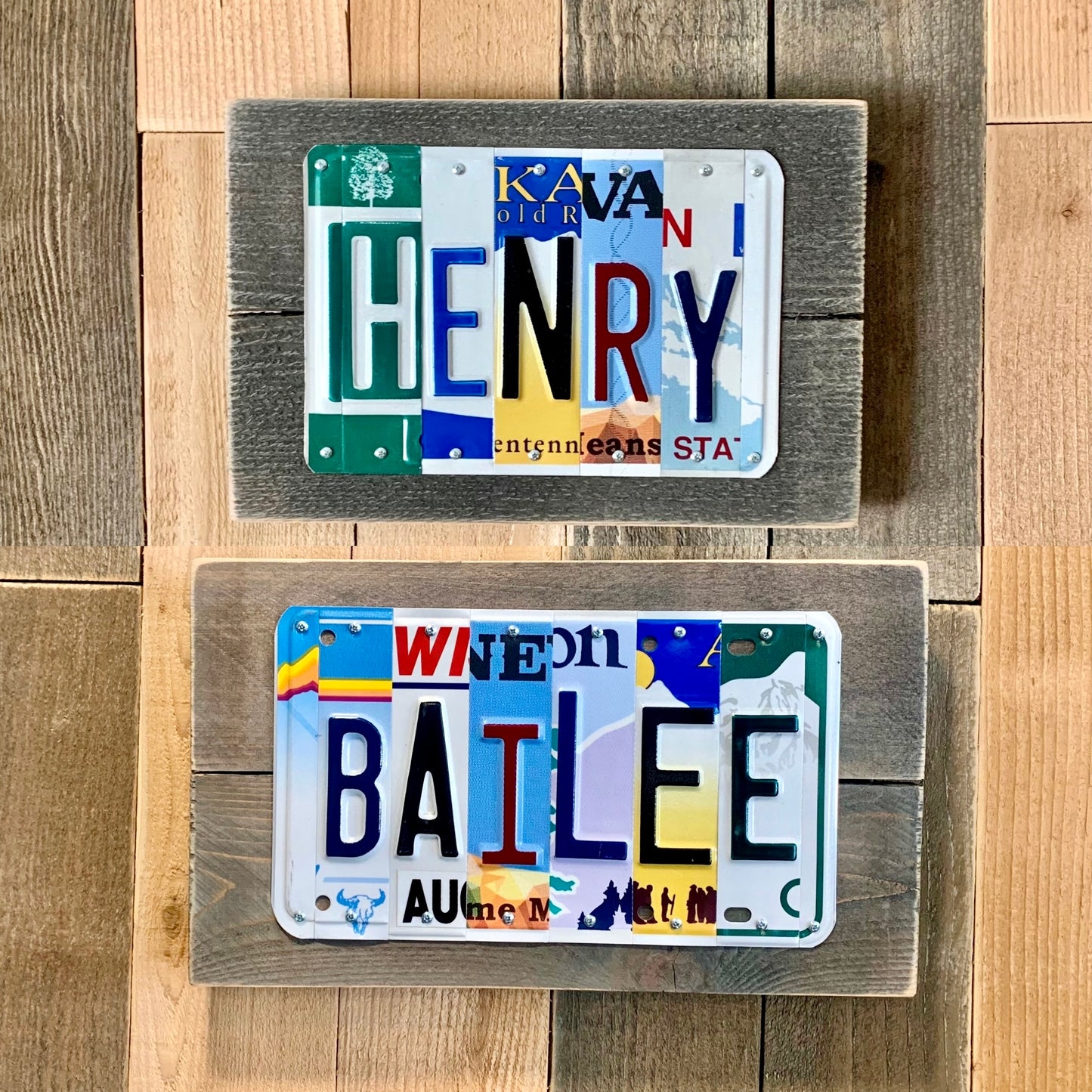 gift ideas for teenage girls, gift ideas for teenage boys, US license plates are cut into individual pieces to make custom names.