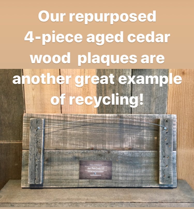 license plate sign back, hangs using a wire from side to side, cedar wood plaque made using 2 long horizontal boards and held together with two narrow vertical boards. Just Plate Crazy business card attached to back using a single screw. Aged cedar wood plaques!  Our unique 4-piece cedar wood plaques have an authentic aged/weathered color with the wonderful wood grain and knots showing through.  Plaques are sanded on all sides and edges to give a rustic/reclaimed wood look.