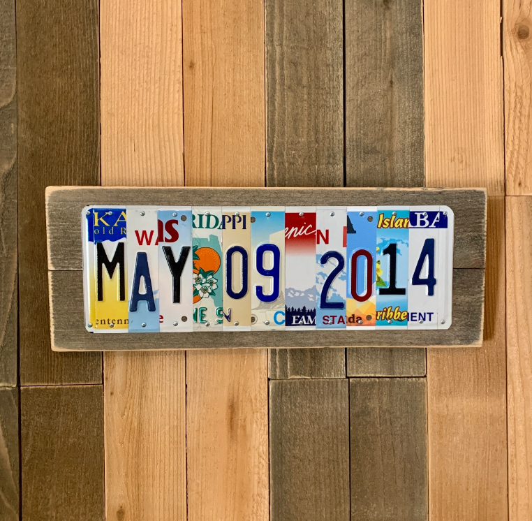 aluminum license plate sign for wedding anniversary gift. license plate sign using cut strips of US license plates