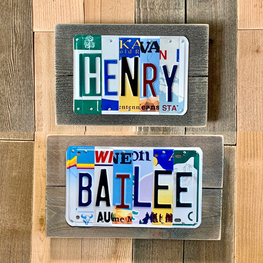 gift ideas for teenage girls, gift ideas for teenage boys, US license plates are cut into individual pieces to make custom names.